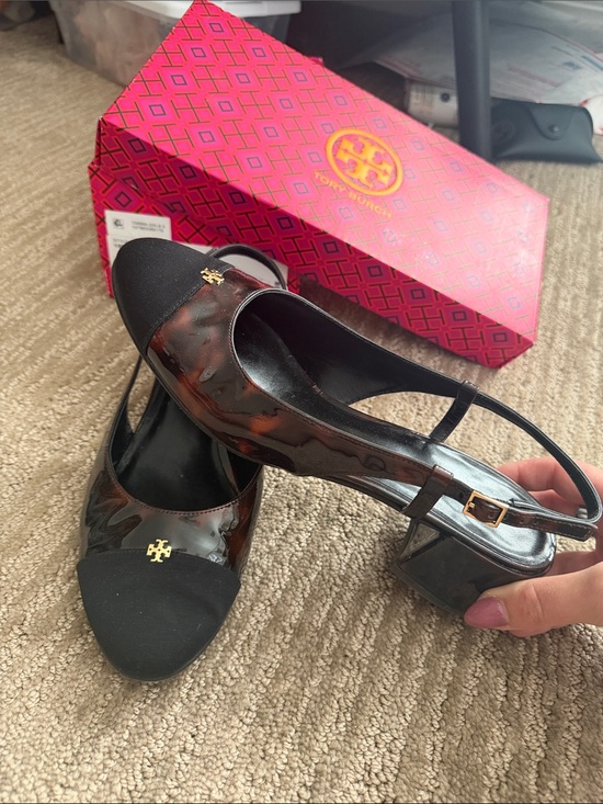 Tory Burch Shoes - Tory Burch Black and Brown Tortoise Slingback Block Heel Sandals